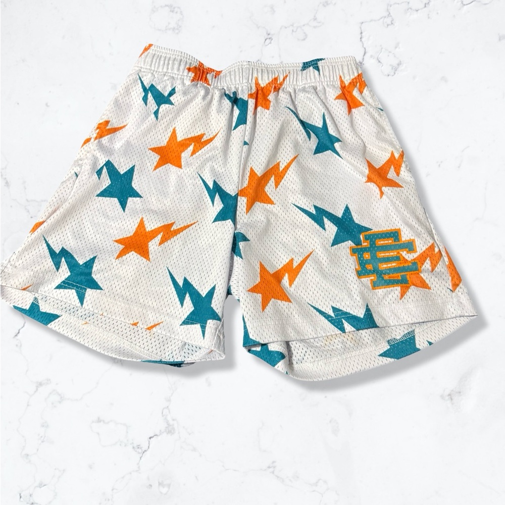 Eric Emanuel White Mesh Shorts with Orange and Blue Accents